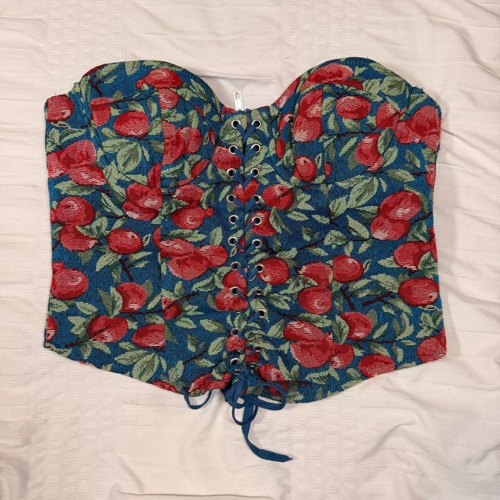 Tapestry Cherry Print Lace Up Corset Top Blue Red Small Isabelles Cabinet